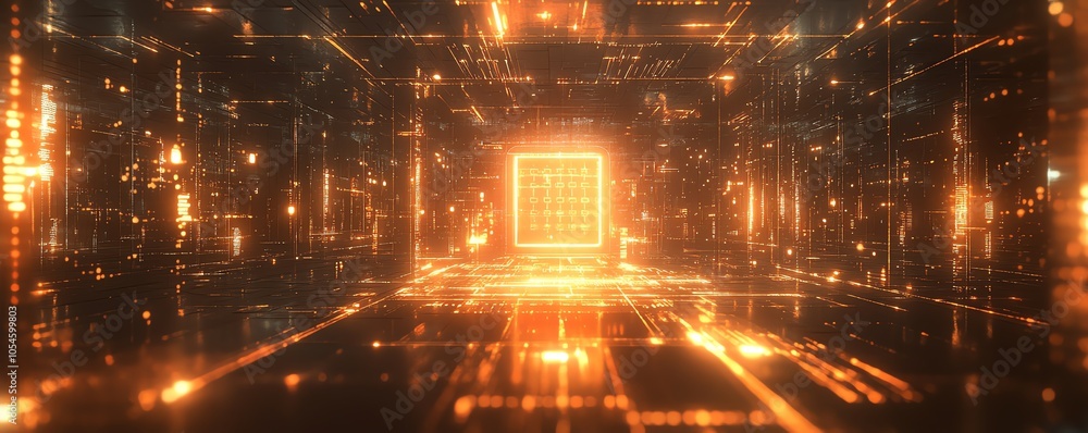 Poster 3D rendering of a glowing prompt input interface set against a dynamic digital network background, symbolizing technology and user interaction
