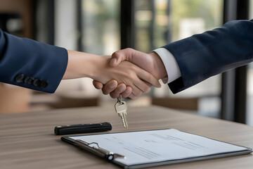 A handshake with keys and a contract on a table, symbolizing a business agreement.
