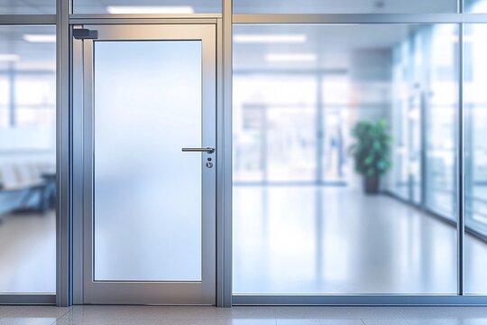 Fototapeta Modern Office Entrance with Frosted Glass Door and Window View