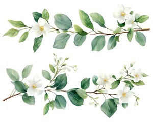Fototapeta premium Delicate eucalyptus and jasmine floral arrangement, watercolor style, green branches and white blossoms, ideal for wedding and stationery design, on white