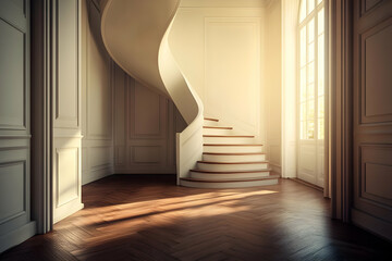 Fototapeta premium Elegant interior featuring a spiraling staircase and warm sunlight illuminating the space.