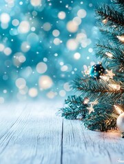 A Christmas backdrop with a tree and presents or gifts and a blue green wall. 