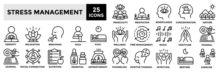 Stress management icon collection set.Containing serenity,meditation,relaxation,tranquility,wellness, sleep icon.Simple line vector illustration.