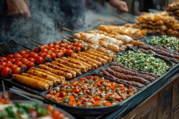 Obraz premium balkan street food display, vibrant balkan street food scene featuring sizzling cevapi, savory burek, and crispy baklava captured