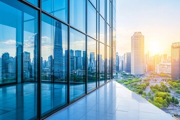 Modern Office Building Exterior with City Skyline Reflection