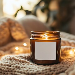 Amber glass candle jar with blank white label mockup, burning candle in Christmas holiday decorated home interior, seasonal cozy decor