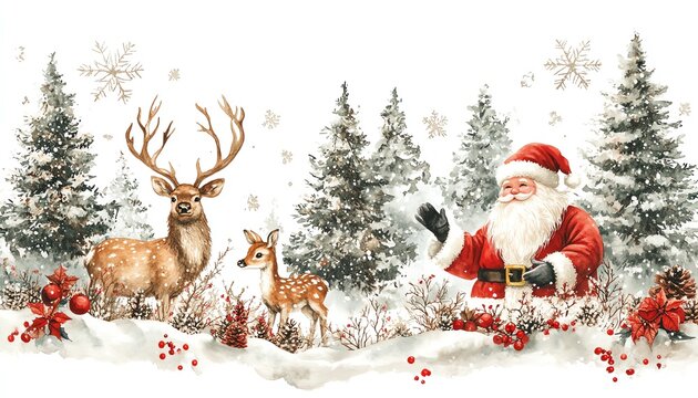 Watercolor illustration of a cozy Christmas scene with Santa Claus, deer, and ornaments, ideal for holiday cards and decorations, PNG format