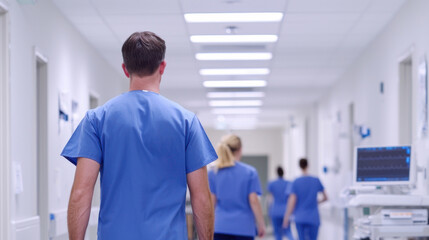 Obraz premium A group of nurses walk down a hallway in a hospital