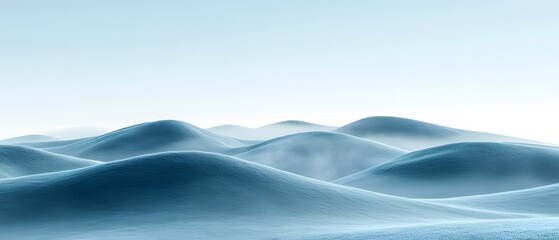 Serene blue landscape with gentle, rolling hills and a soft, misty atmosphere.