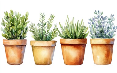 Fototapeta premium Whimsical watercolor illustration of potted house plants, featuring a collection of decorative greenery, ideal for scrapbooking and home decor, isolated on white background