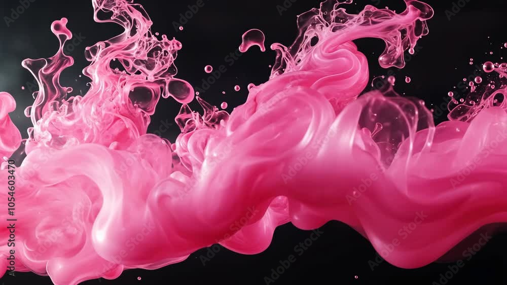 Poster pink ink swirls and dances through black water, creating a mesmerizing display of color and movement