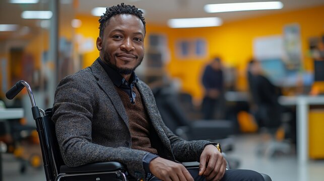 Wheelchair user advocates for accessibility in a public awareness event at a community center