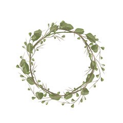 Wreath with Floral Elements: Green Branches, Leaves, Grass. Digital Painting Illustration with Place for Inscription for Printing and Web.