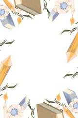 Vertical Frame with Books, Butterflies, Flowers, Plant Branches, Crystals. Digital Painting Illustration with Place for Inscription for Printing and Web.