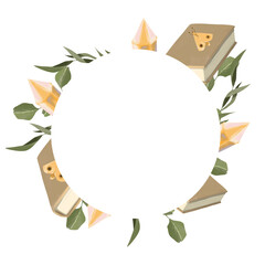 Wreath with Library Theme: Books, Baboki, Plants with Leaves, Twigs, Crystals. Digital Painting Illustration with Place for Inscription for Printing and Web.