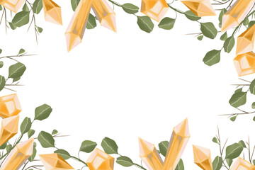 Naklejka premium Horizontal Frame with Crystals and Plant Elements: Branches, Leaves. Digital Painting Illustration with Place for Inscription for Printing and Web.