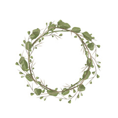 Fototapeta premium Wreath with Floral Elements: Green Branches, Leaves, Grass. Digital Painting Illustration with Place for Inscription for Printing and Web.