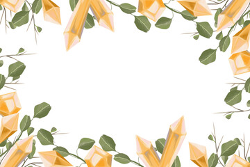 Naklejka premium Horizontal Frame with Crystals and Plant Elements: Branches, Leaves. Digital Painting Illustration with Place for Inscription for Printing and Web.