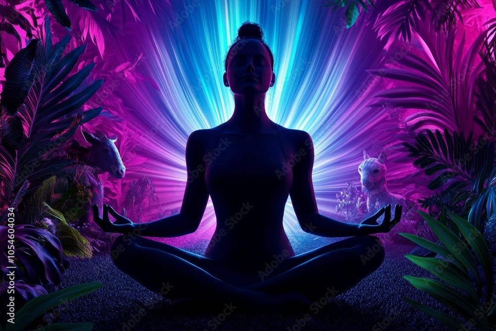 Poster 3d digital illustration of a person meditating in a lush forest with vibrant colors, surrounded by a