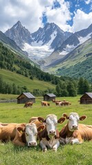 Naklejka premium A herd of cows relaxes in a lush meadow surrounded by traditional Swiss architecture and mountains under a sunny sky