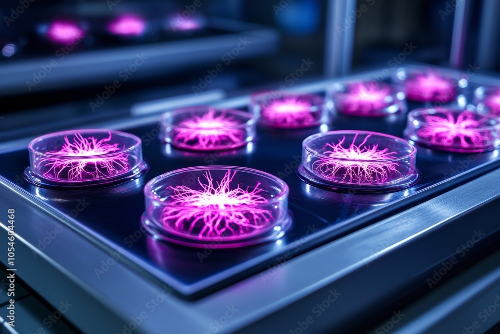 Poster a cyberpunk-inspired stem cell lab with neon-lit petri dishes, holographic screens displaying cells 