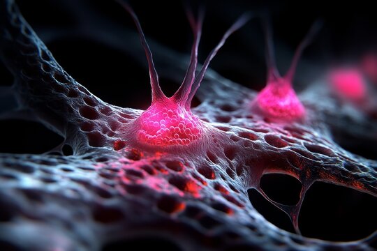 A dynamic view of stem cells transitioning into muscle cells under a microscope, showcasing the development from initial stem cell to a more specialized muscular structure, symbolizing energy