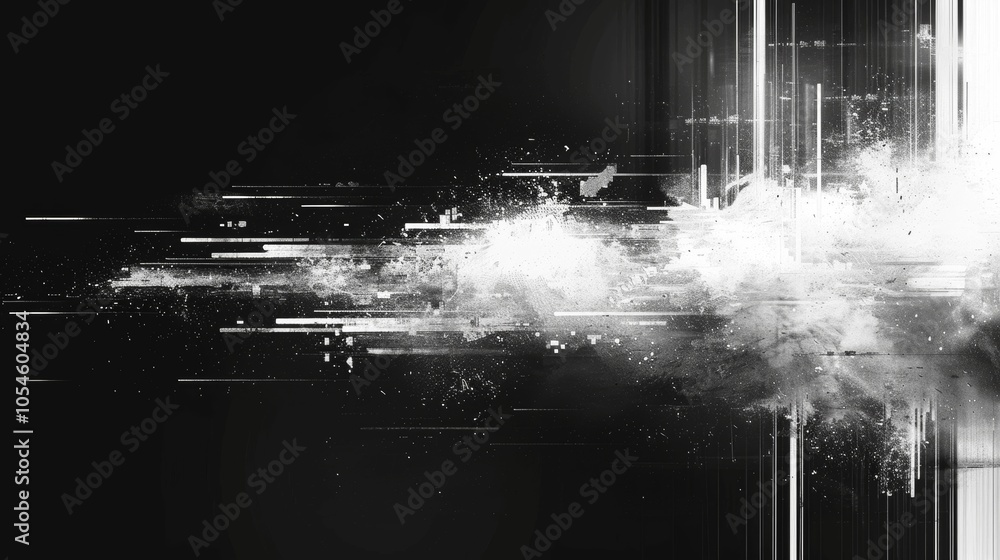 Poster horizontal distortion broken video image black background vhs glitch effect digital pixel noise text