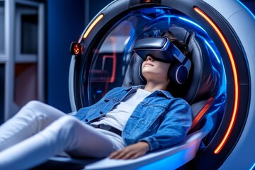 A futuristic relaxation pod with neon lights, a reclined person enjoying the high-tech comforts of immersive entertainment and sensory pleasure, symbolizing the future of hedonistic relaxation,
