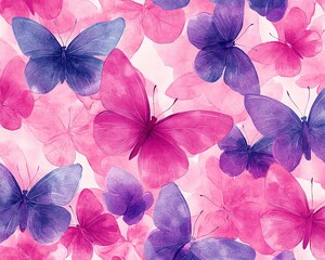 Colorful seamless pattern of pink and lilac butterflies in a watercolor style, perfect for fabric designs and floralthemed home decor