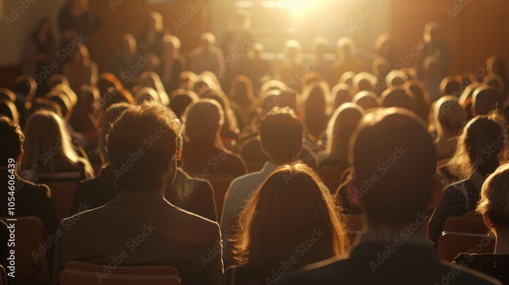 Poster a hazy vision of a speaker and a defocused audience at an informative public lecture.