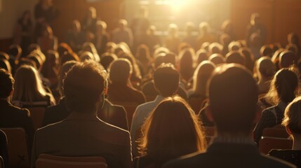 A hazy vision of a speaker and a defocused audience at an informative public lecture.