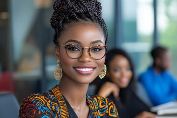A professional woman presenting in a meeting, with colleagues listening and taking notes