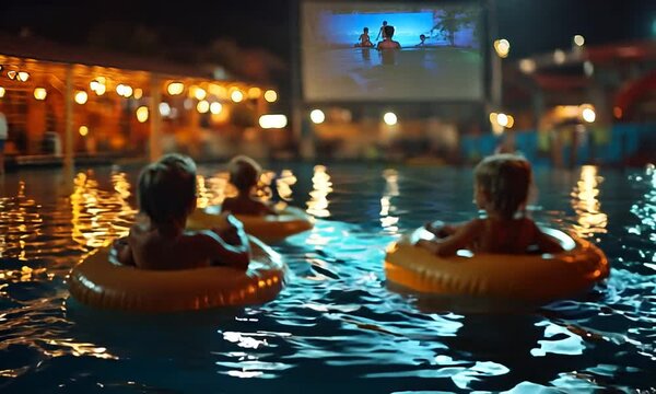 Children floating in a pool watching a movie on a screen.