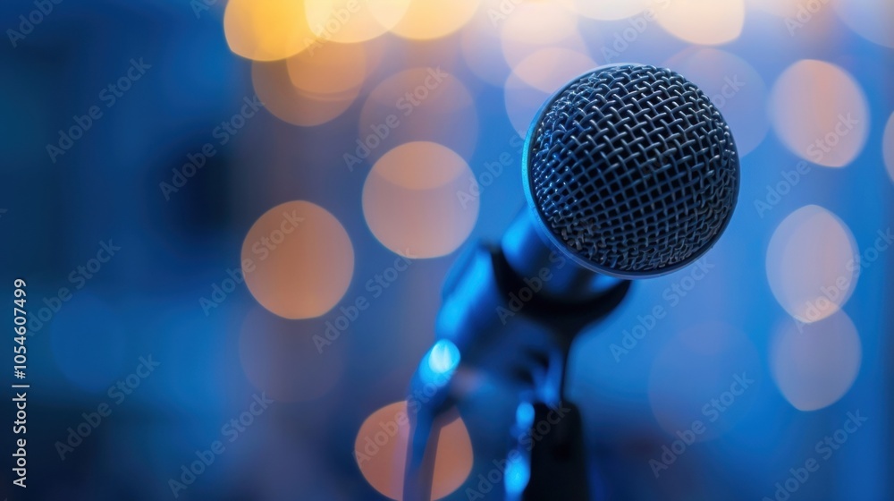 Poster vague forms of a speaker and a blurred backdrop at a popular public lecture.