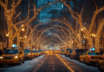 New York street adorned with dazzling Christmas lights and snowy trees