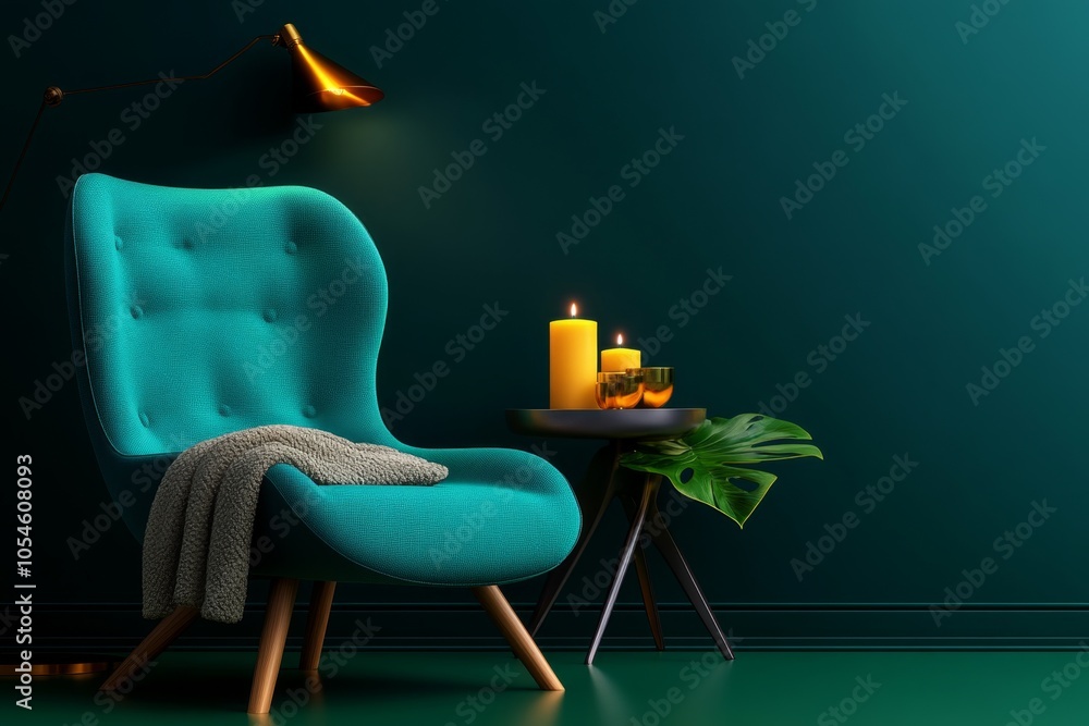 Poster Abstract minimalist design of a cozy lounge chair with a soft blanket and a candle, representing the warmth and relaxation of hedonistic comfort in a clean, refined style, symbolizing calm and