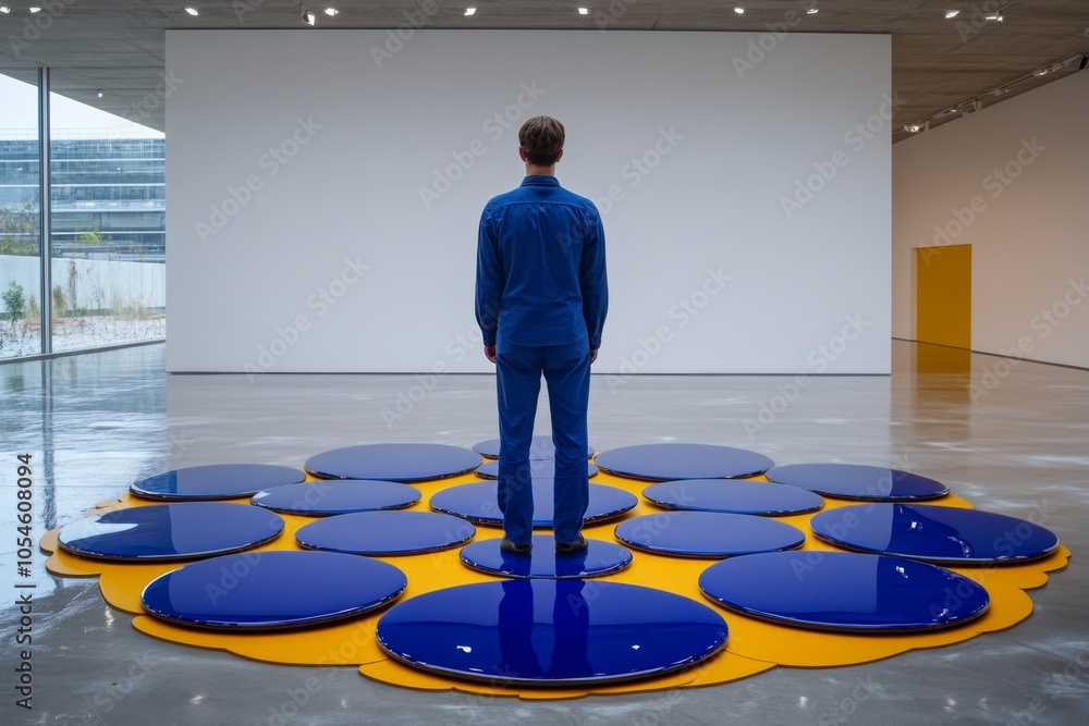 Poster abstract minimalist depiction of a lone figure within a circle of blank mirrors, each reflecting not