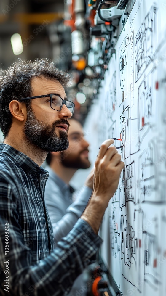 Poster two individuals examining technical diagrams in a workshop setting.