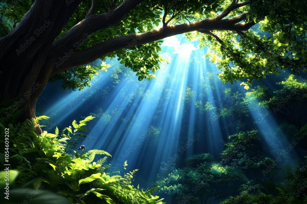 Poster Hyper-realistic image of a forest with sunlight piercing through the canopy, illuminating intricate details of leaves and branches, capturing the vibrant life within a pantheistic worldview,