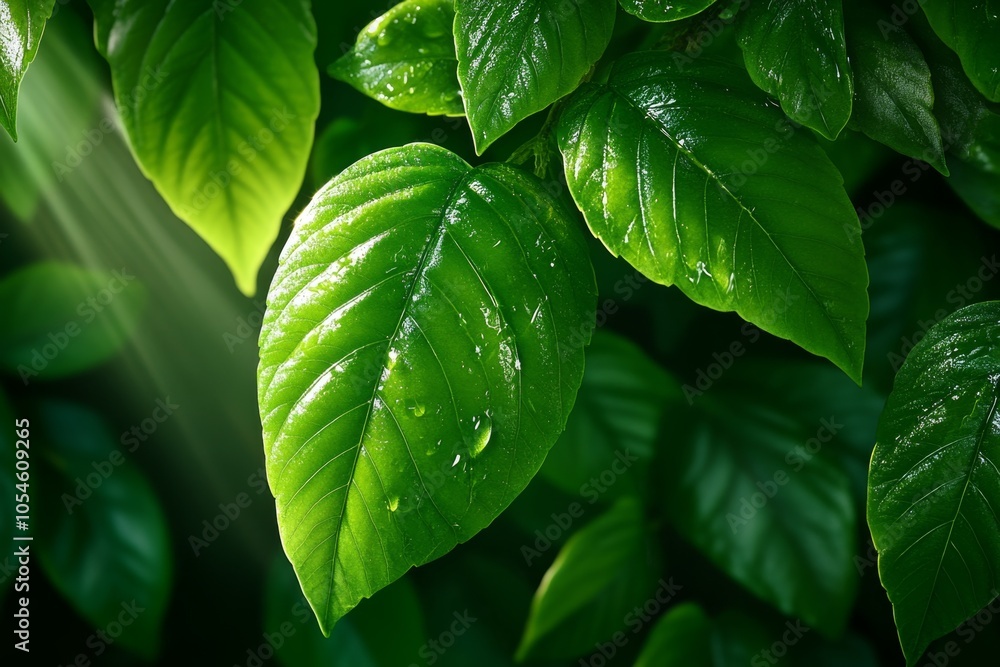 Poster Hyper-realistic image of a forest with sunlight piercing through the canopy, illuminating intricate details of leaves and branches, capturing the vibrant life within a pantheistic worldview,