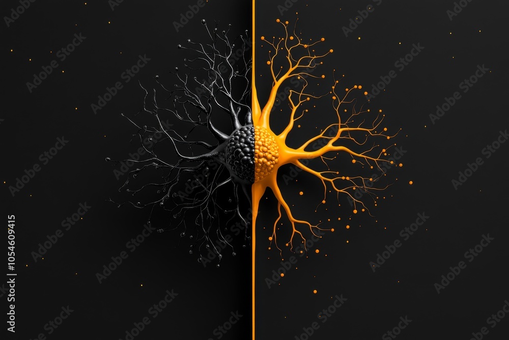 Aufkleber Minimalist depiction of a stem cell transforming into a neuron and muscle cell, with clean lines and minimal color, capturing the transformative nature of stem cell differentiation in a modern