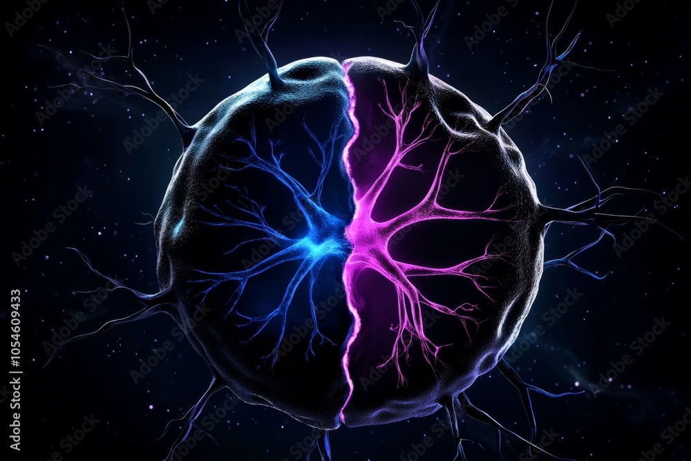 Poster Minimalist depiction of a stem cell transforming into a neuron and muscle cell, with clean lines and minimal color, capturing the transformative nature of stem cell differentiation in a modern