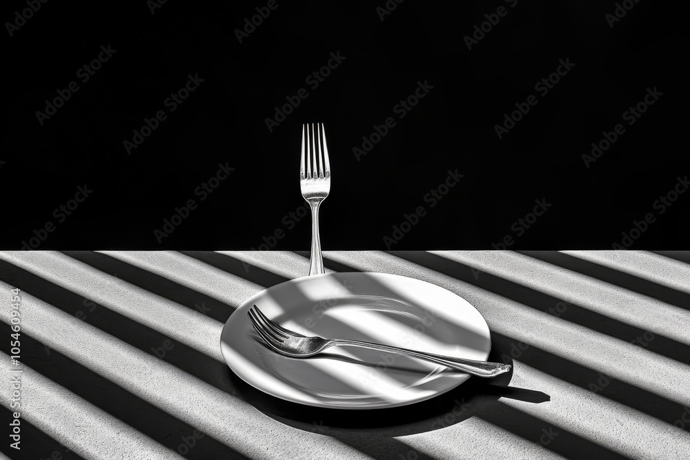 Poster minimalist depiction of a table set with fine dining utensils, symbolizing the refined pleasure of a