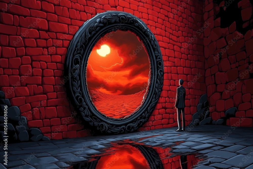 Poster Pixel art of a solitary figure in a small room with a mirror reflecting only them, capturing the simplicity and isolation of solipsistic thought in retro, 8-bit style, symbolizing introspection