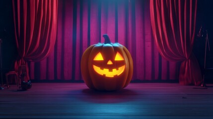 Obraz premium the Halloween pumpkin performing a show on the theater stage, red curtains, tv show style