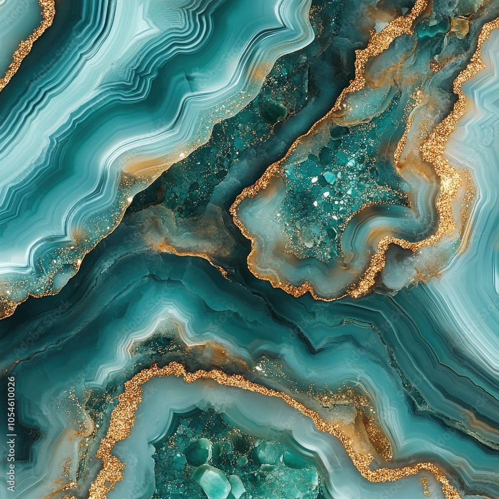 Poster abstract turquoise and gold agate pattern with wavy lines and intricate textures.