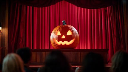 the Halloween pumpkin performing a show on the theater stage, red curtains, tv show style