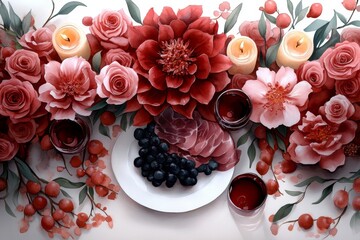 Watercolor painting of a lavish dinner table with wine glasses, candles, and gourmet dishes, capturing the warmth and pleasure of hedonistic dining in soft, flowing colors, symbolizing warmth
