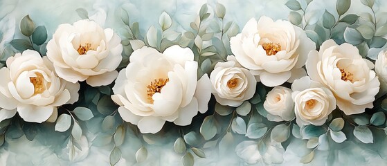 Watercolor arrangement of white flowers featuring creamy peonies and ivory roses, complemented by sage green foliage and eucalyptus leaves, perfect for wedding invitations