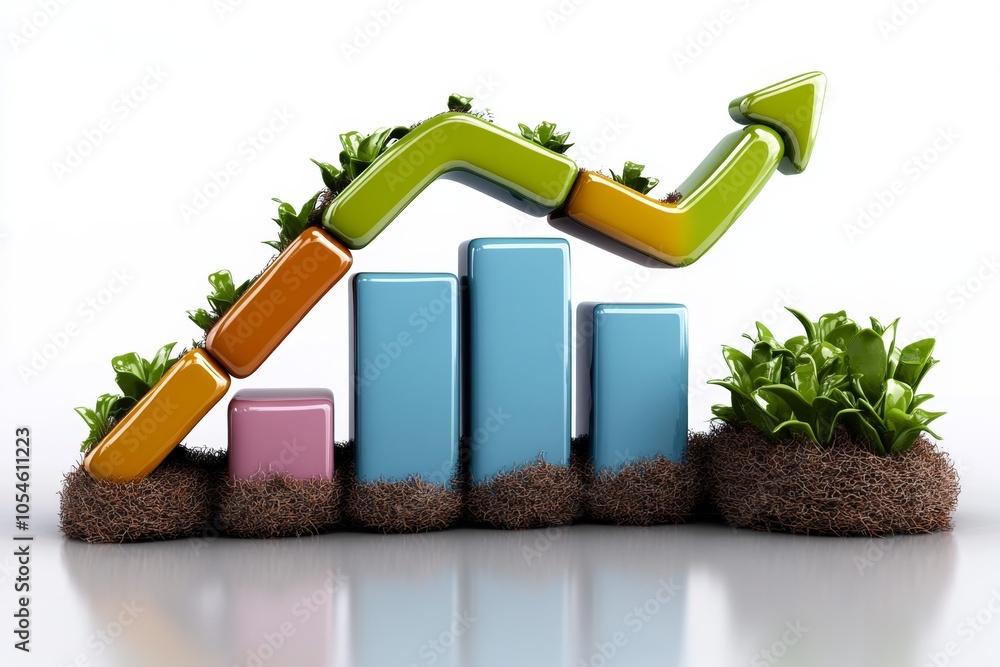 Poster a 2d cartoon illustration of a business presentation with a bar graph rising showcasing growth white